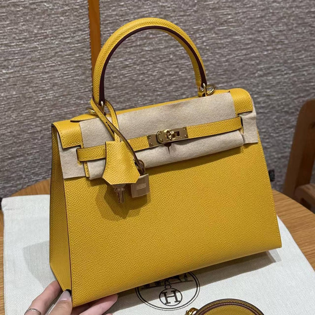 Hermes Kelly 25 Bag Handmade In Epsom Calfskin Leather Gold Hardware 9D Jaune Ambre