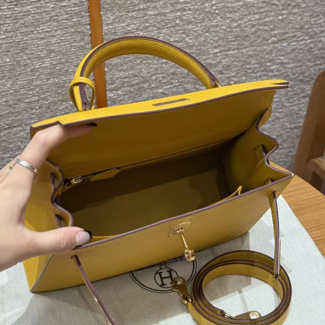 Hermes Kelly 25 Bag Handmade In Epsom Calfskin Leather Gold Hardware 9D Jaune Ambre - Image 20