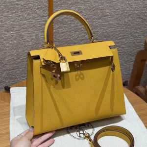 Hermes Kelly 25 Bag Handmade In Epsom Calfskin Leather Gold Hardware 9D Jaune Ambre - Image 16