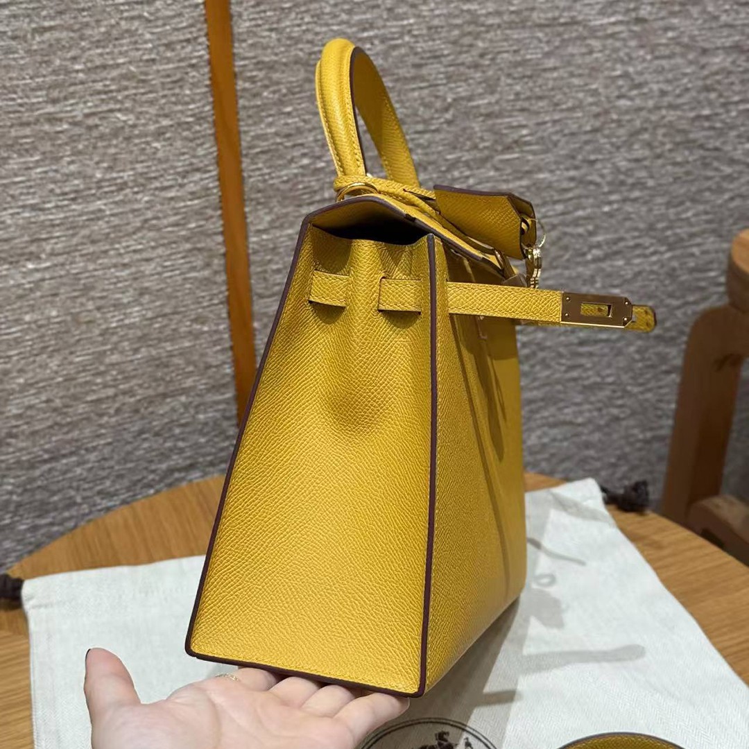 Hermes Kelly 25 Bag Handmade In Epsom Calfskin Leather Gold Hardware 9D Jaune Ambre - Image 15