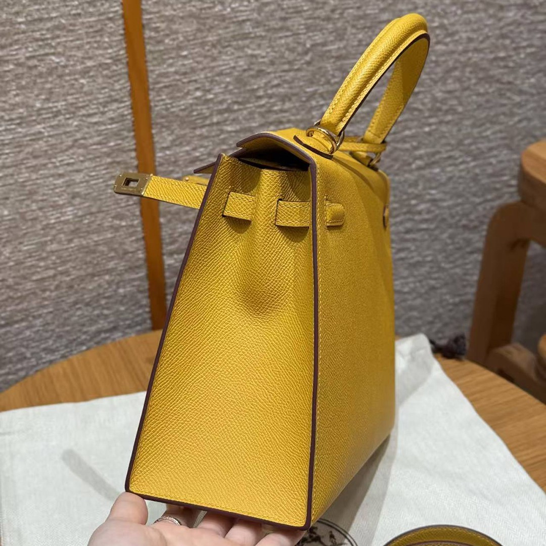Hermes Kelly 25 Bag Handmade In Epsom Calfskin Leather Gold Hardware 9D Jaune Ambre - Image 14