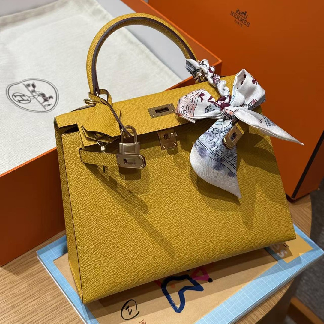 Hermes Kelly 25 Bag Handmade In Epsom Calfskin Leather Gold Hardware 9D Jaune Ambre - Image 7