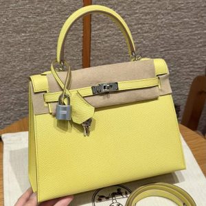 Hermes Kelly 25 Bag Handmade In Epsom Calfskin Leather Silver Hardware 9R Lime