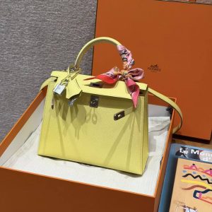 Hermes Kelly 25 Bag Handmade In Epsom Calfskin Leather Silver Hardware 9R Lime - Image 14