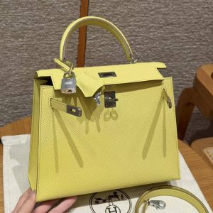 Hermes Kelly 25 Bag Handmade In Epsom Calfskin Leather Silver Hardware 9R Lime - Image 13