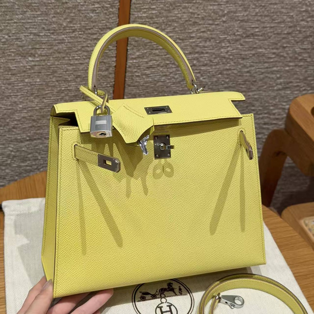 Hermes Kelly 25 Bag Handmade In Epsom Calfskin Leather Silver Hardware 9R Lime - Image 13