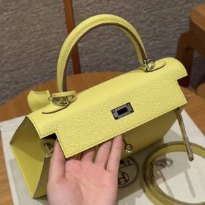 Hermes Kelly 25 Bag Handmade In Epsom Calfskin Leather Silver Hardware 9R Lime - Image 11