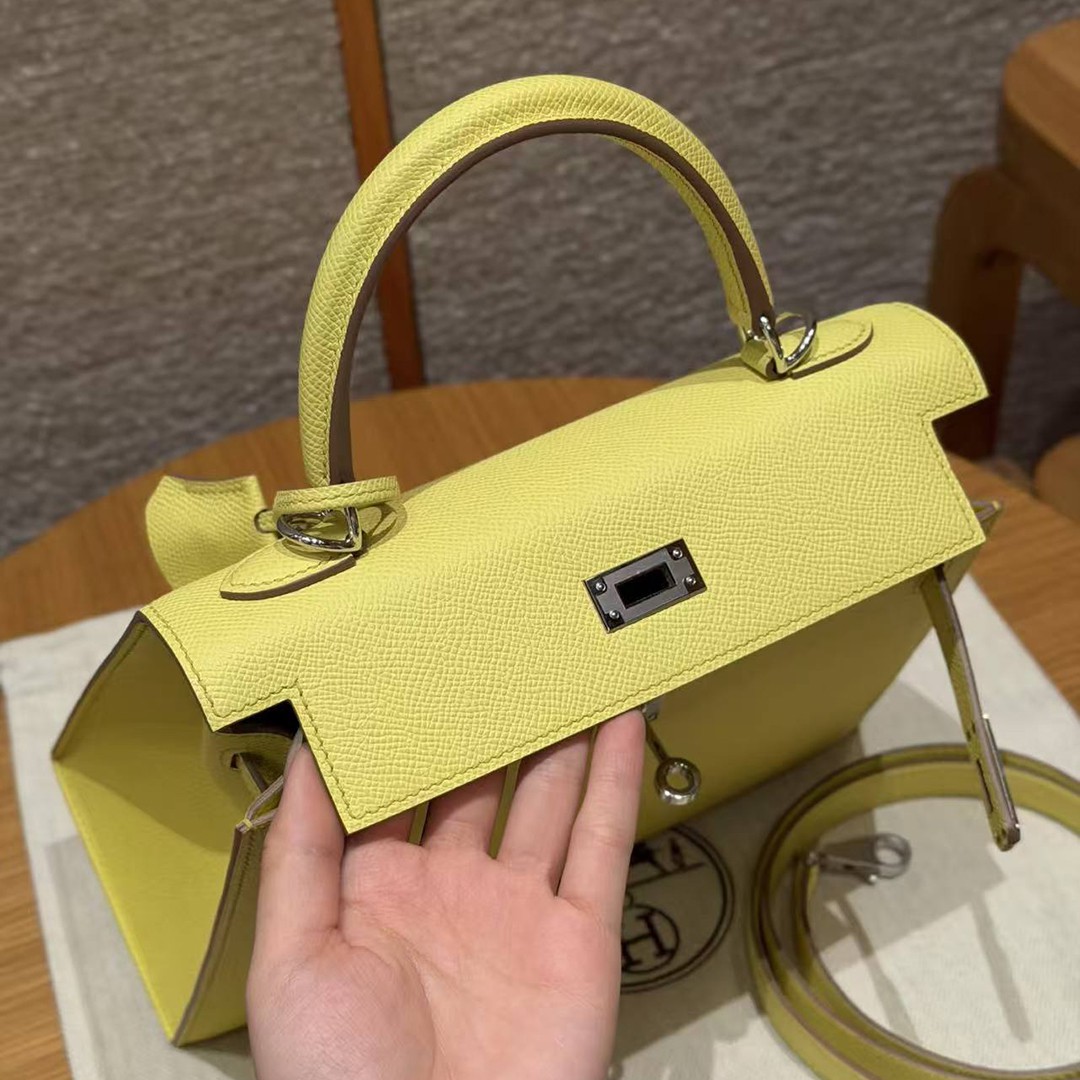 Hermes Kelly 25 Bag Handmade In Epsom Calfskin Leather Silver Hardware 9R Lime - Image 11