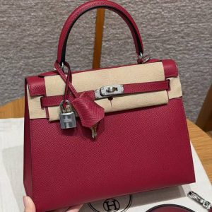 Hermes Kelly 25 Bag Handmade In Epsom Calfskin Leather Silver Hardware B5 Ruby