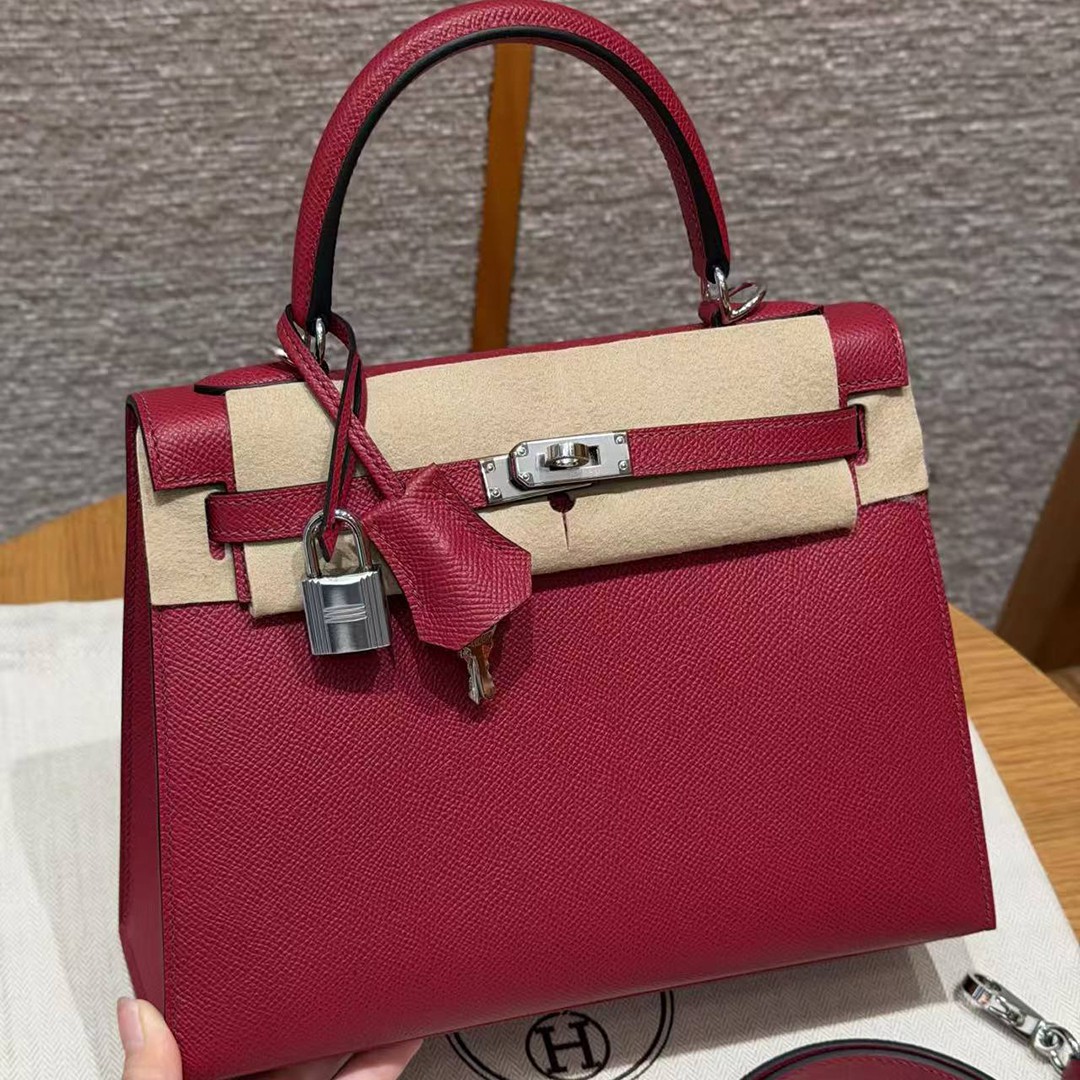 Hermes Kelly 25 Bag Handmade In Epsom Calfskin Leather Silver Hardware B5 Ruby