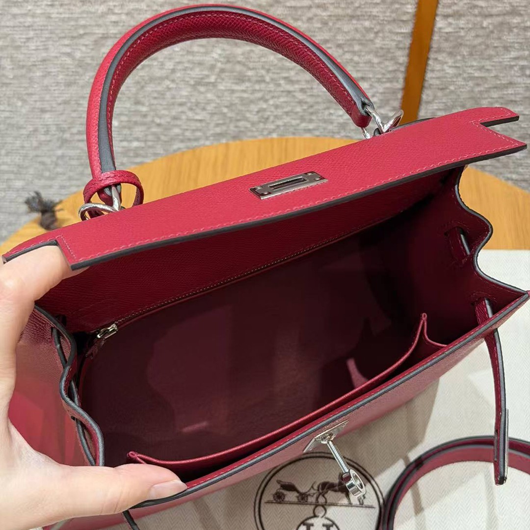 Hermes Kelly 25 Bag Handmade In Epsom Calfskin Leather Silver Hardware B5 Ruby - Image 15