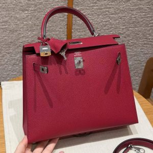 Hermes Kelly 25 Bag Handmade In Epsom Calfskin Leather Silver Hardware B5 Ruby - Image 11