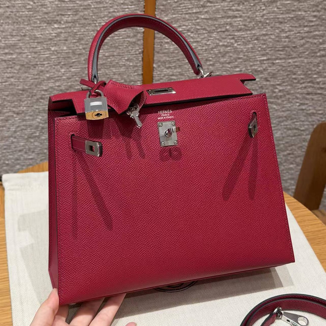 Hermes Kelly 25 Bag Handmade In Epsom Calfskin Leather Silver Hardware B5 Ruby - Image 11