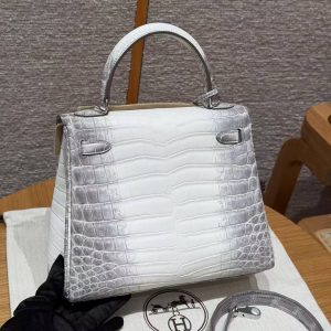 Hermes Kelly 25 Bag Handmade In Niloticus Leather from Nile Silver Hardware Himalaya - Image 2