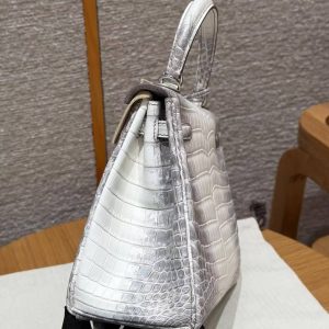 Hermes Kelly 25 Bag Handmade In Niloticus Leather from Nile Silver Hardware Himalaya - Image 30