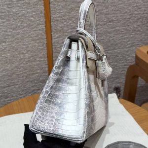 Hermes Kelly 25 Bag Handmade In Niloticus Leather from Nile Silver Hardware Himalaya - Image 29
