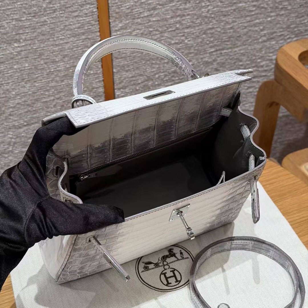 Hermes Kelly 25 Bag Handmade In Niloticus Leather from Nile Silver Hardware Himalaya - Image 27