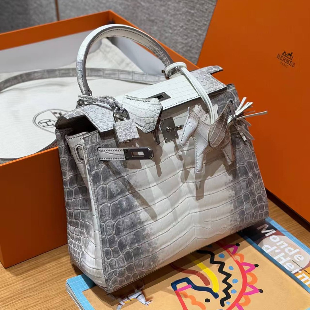 Hermes Kelly 25 Bag Handmade In Niloticus Leather from Nile Silver Hardware Himalaya - Image 14
