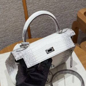 Hermes Kelly 25 Bag Handmade In Niloticus Leather from Nile Silver Hardware Himalaya - Image 11