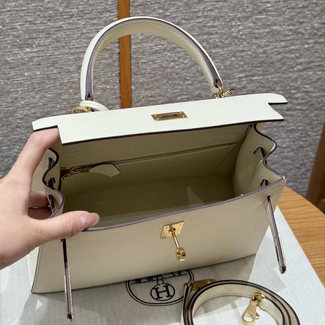 Hermes Kelly 25 Bag Handmade In Epsom Calfskin Leather From France Gold Hardware I2 Nata - Image 20
