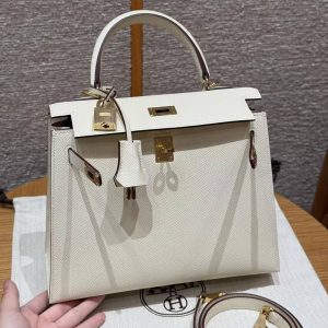 Hermes Kelly 25 Bag Handmade In Epsom Calfskin Leather From France Gold Hardware I2 Nata - Image 16