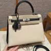 Hermes Kelly 25 Bag Handmade In Chèvre Calfskin Leather Silver Hardware I2 Nata and 89 Noir