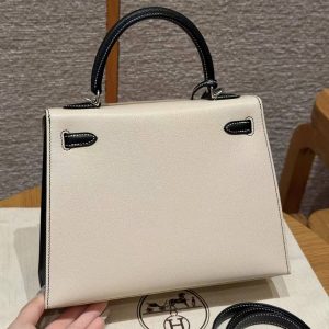 Hermes Kelly 25 Bag Handmade In Chèvre Calfskin Leather Silver Hardware I2 Nata and 89 Noir - Image 2