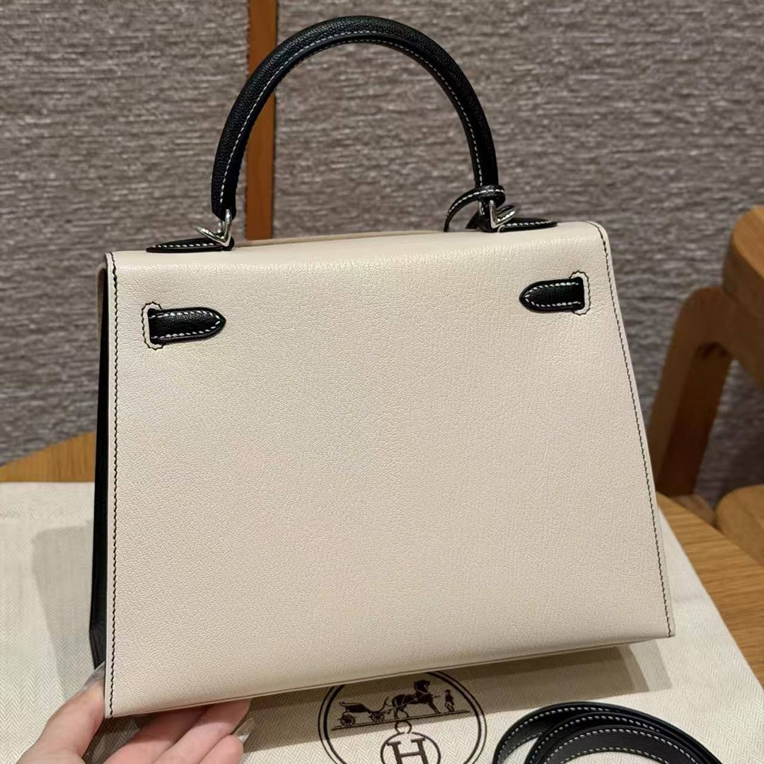 Hermes Kelly 25 Bag Handmade In Chèvre Calfskin Leather Silver Hardware I2 Nata and 89 Noir - Image 2