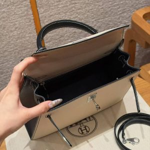 Hermes Kelly 25 Bag Handmade In Chèvre Calfskin Leather Silver Hardware I2 Nata and 89 Noir - Image 20