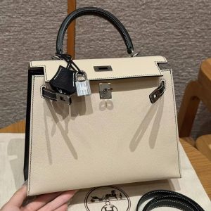 Hermes Kelly 25 Bag Handmade In Chèvre Calfskin Leather Silver Hardware I2 Nata and 89 Noir - Image 16