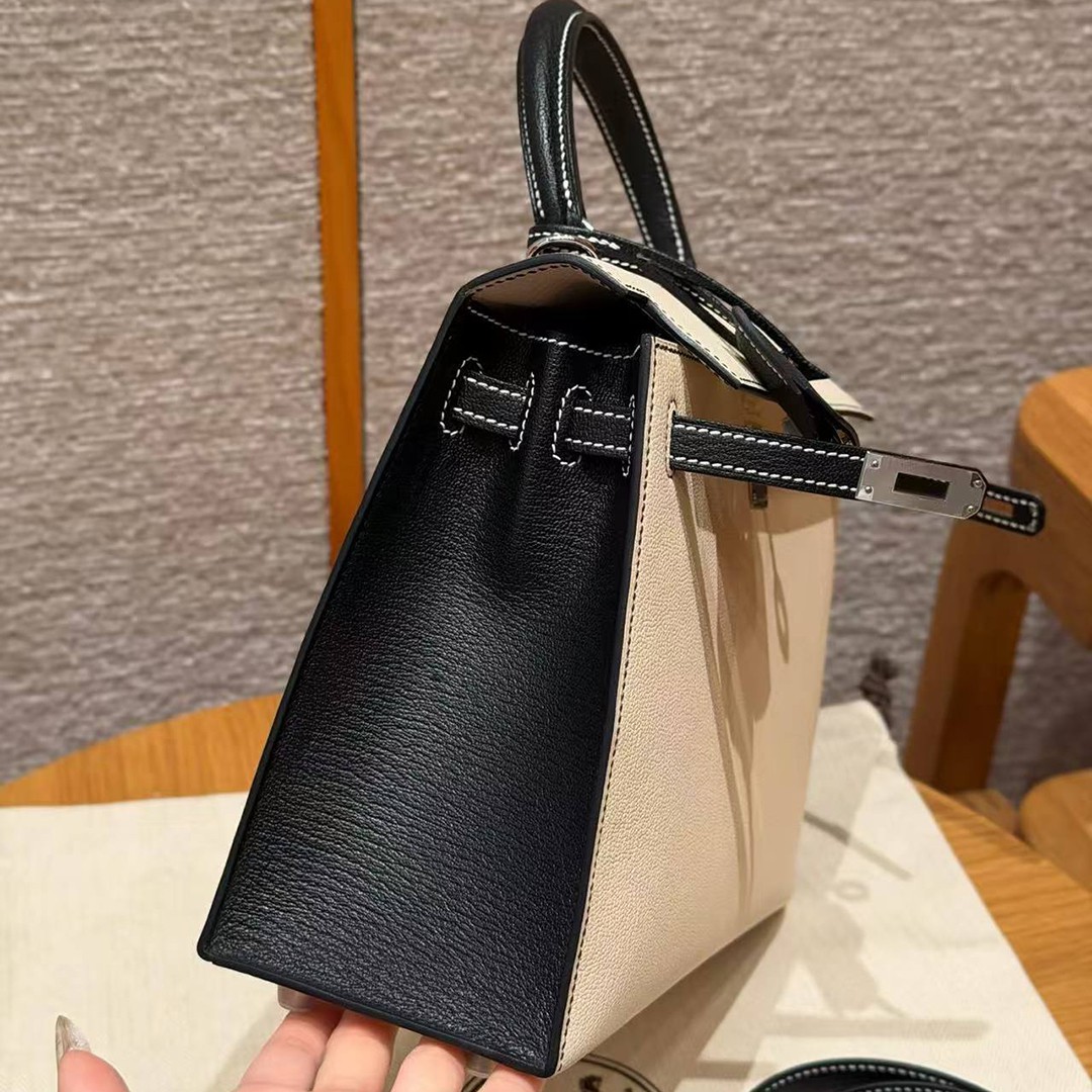 Hermes Kelly 25 Bag Handmade In Chèvre Calfskin Leather Silver Hardware I2 Nata and 89 Noir - Image 15