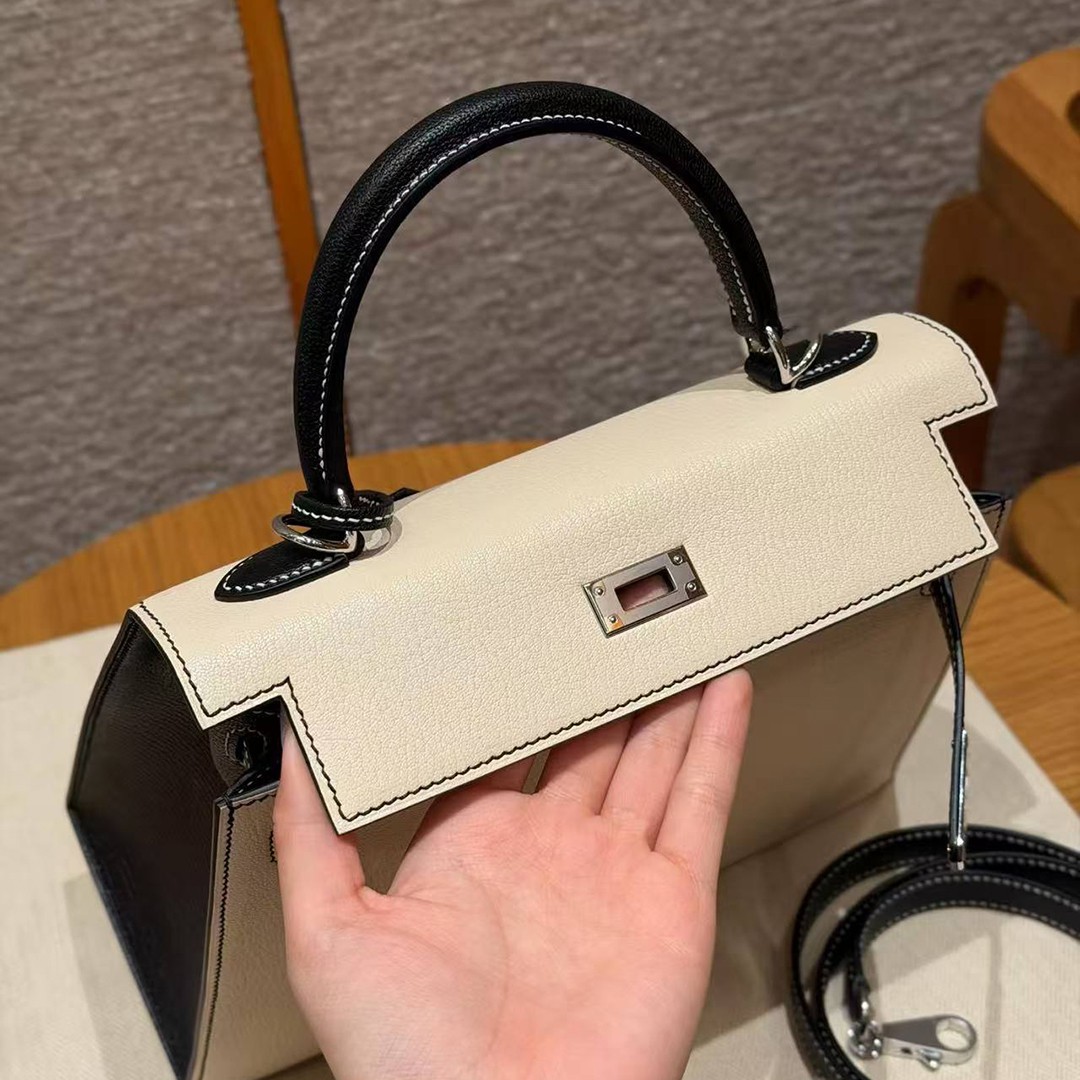 Hermes Kelly 25 Bag Handmade In Chèvre Calfskin Leather Silver Hardware I2 Nata and 89 Noir - Image 14