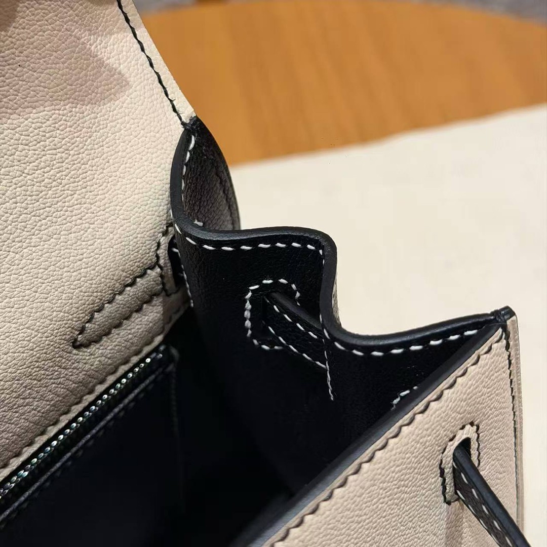Hermes Kelly 25 Bag Handmade In Chèvre Calfskin Leather Silver Hardware I2 Nata and 89 Noir - Image 13