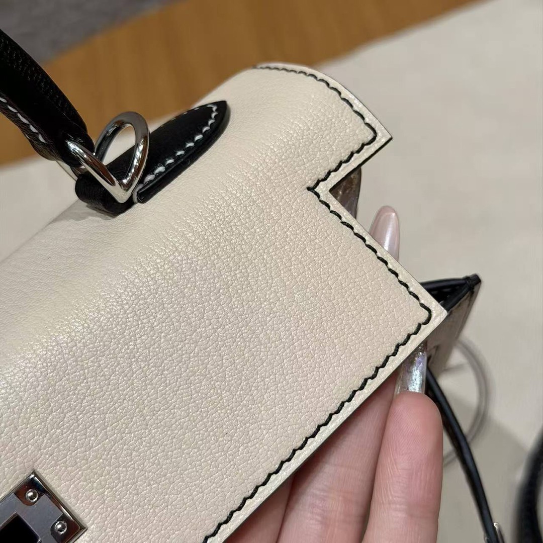 Hermes Kelly 25 Bag Handmade In Chèvre Calfskin Leather Silver Hardware I2 Nata and 89 Noir - Image 10
