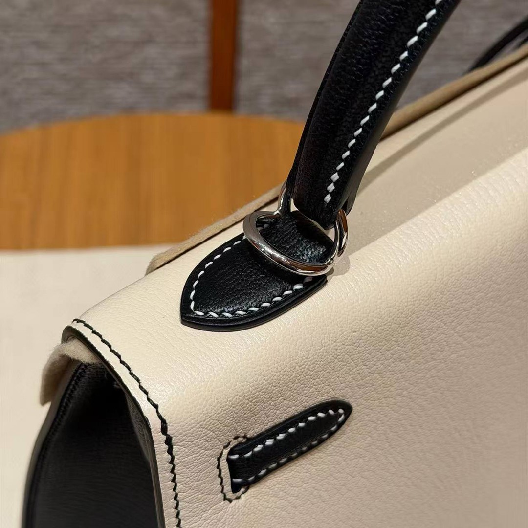 Hermes Kelly 25 Bag Handmade In Chèvre Calfskin Leather Silver Hardware I2 Nata and 89 Noir - Image 7