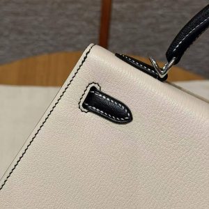 Hermes Kelly 25 Bag Handmade In Chèvre Calfskin Leather Silver Hardware I2 Nata and 89 Noir - Image 6