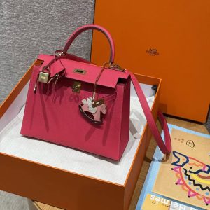 Hermes Kelly 25 Bag Handmade In Epsom Calfskin Leather From France Gold Hardware I6 Rose Extreme - Image 7