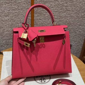 Hermes Kelly 25 Bag Handmade In Epsom Calfskin Leather From France Gold Hardware I6 Rose Extreme - Image 5