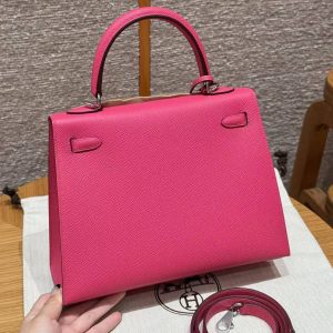 Hermes Kelly 25 Bag Handmade In Epsom Calfskin Leather Silver Hardware I6 Rose Extreme - Image 2