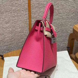 Hermes Kelly 25 Bag Handmade In Epsom Calfskin Leather Silver Hardware I6 Rose Extreme - Image 25