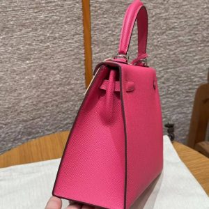 Hermes Kelly 25 Bag Handmade In Epsom Calfskin Leather Silver Hardware I6 Rose Extreme - Image 24