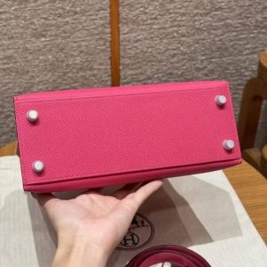 Hermes Kelly 25 Bag Handmade In Epsom Calfskin Leather Silver Hardware I6 Rose Extreme - Image 23