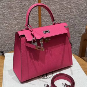 Hermes Kelly 25 Bag Handmade In Epsom Calfskin Leather Silver Hardware I6 Rose Extreme - Image 18