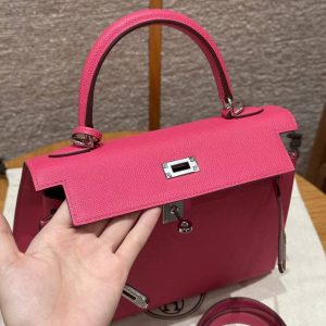 Hermes Kelly 25 Bag Handmade In Epsom Calfskin Leather Silver Hardware I6 Rose Extreme - Image 15