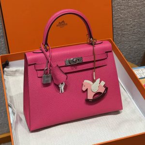 Hermes Kelly 25 Bag Handmade In Epsom Calfskin Leather Silver Hardware I6 Rose Extreme - Image 9