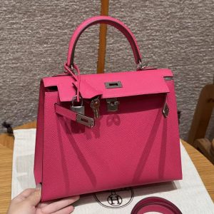 Hermes Kelly 25 Bag Handmade In Epsom Calfskin Leather Silver Hardware I6 Rose Extreme - Image 7