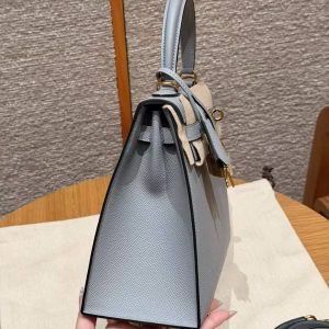 Hermes Kelly 25 Bag Handmade In Epsom Calfskin Leather Gold Hardware J7 Blue Lin - Image 31