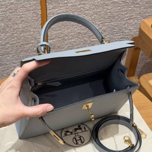 Hermes Kelly 25 Bag Handmade In Epsom Calfskin Leather Gold Hardware J7 Blue Lin - Image 28