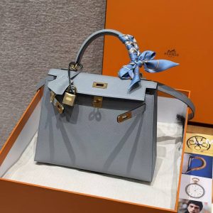 Hermes Kelly 25 Bag Handmade In Epsom Calfskin Leather Gold Hardware J7 Blue Lin - Image 25