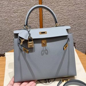 Hermes Kelly 25 Bag Handmade In Epsom Calfskin Leather Gold Hardware J7 Blue Lin - Image 24